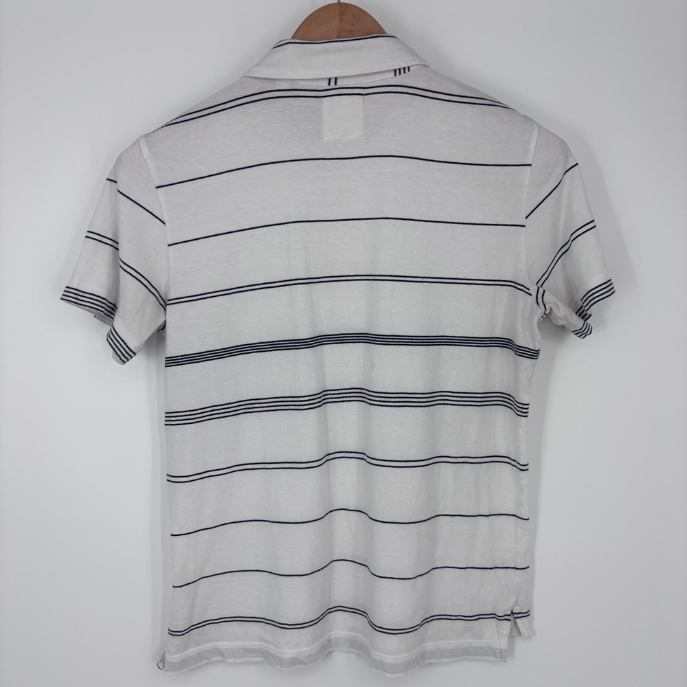 Billy Reid Polo Shirt Mens Medium White Navy Striped Cotton Pocket Cropped Fit - Picture 9 of 10